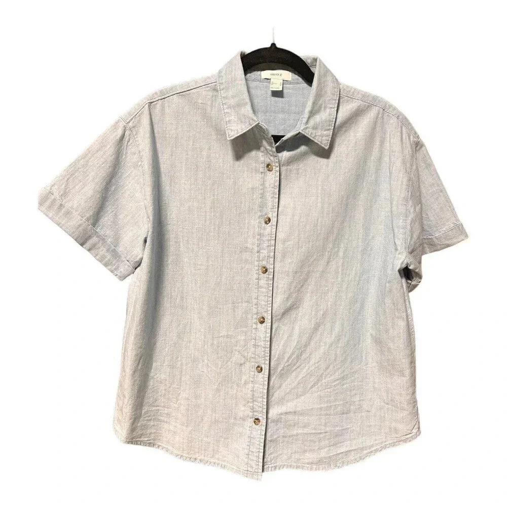 Forever 21 Chambray Button Denim Shirt Womens Dress Short Sleeve Size Medium